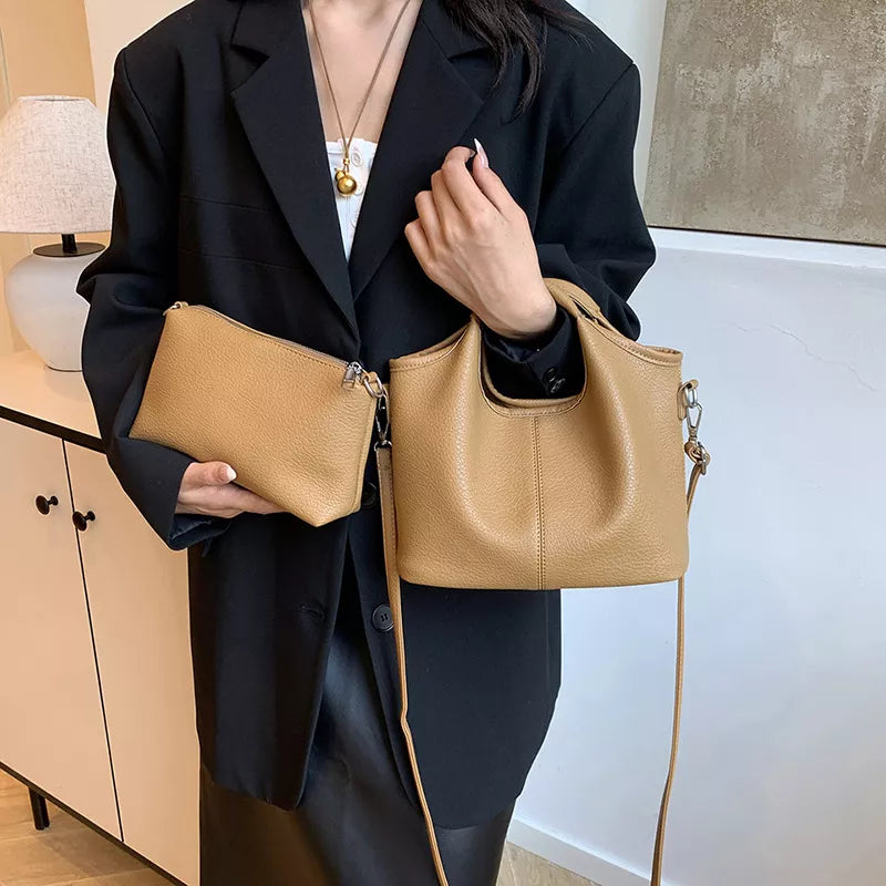 Black Textured Leather Crossbody Bag With Pouch