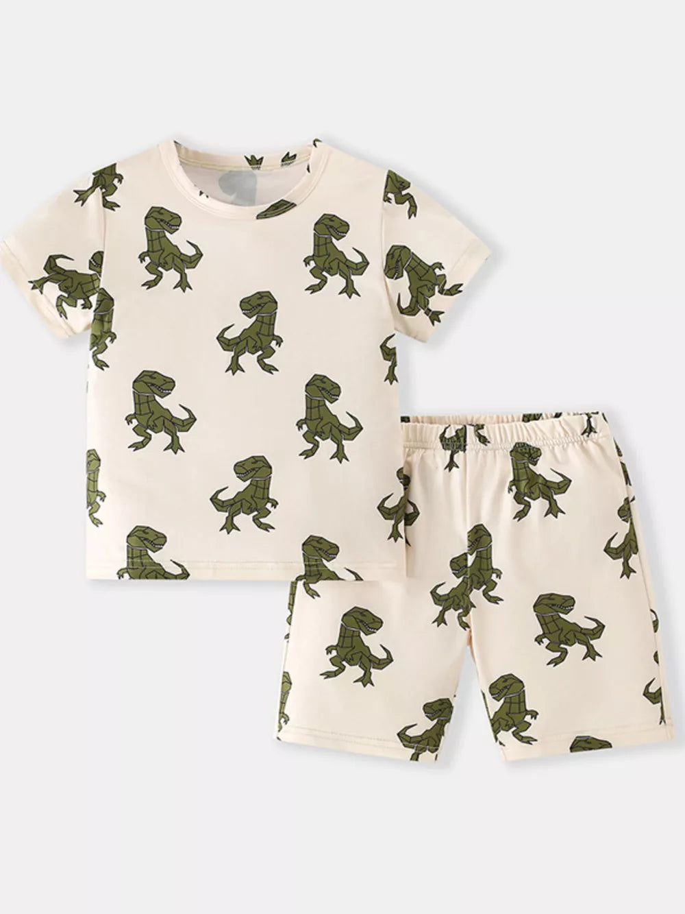 Cream cotton dinosaur print tee and shorts set for baby boys.