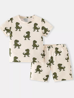 Cream cotton dinosaur print tee and shorts set for baby boys.