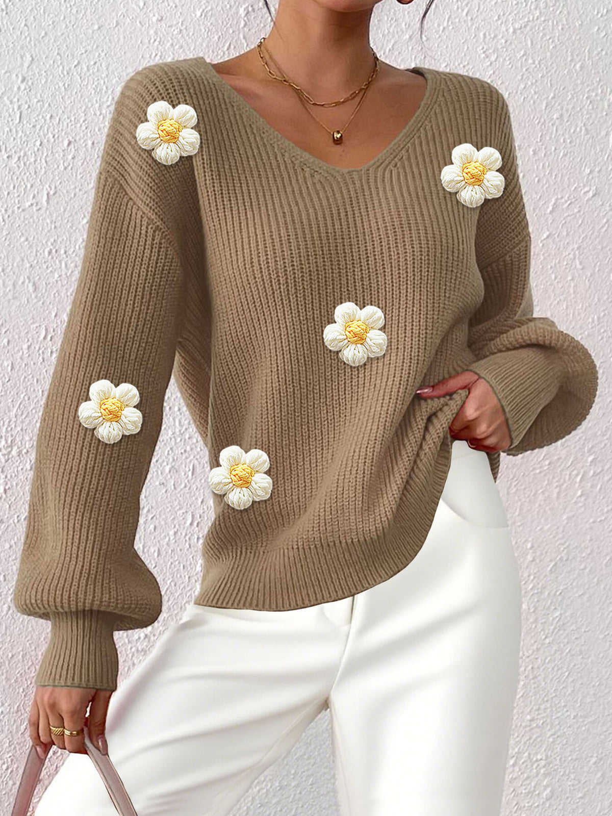 Floral Applique V-Neck Sweater in Black with ribbed