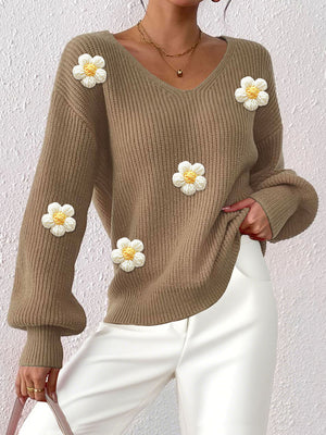 Floral Applique V-Neck Sweater in Black with ribbed