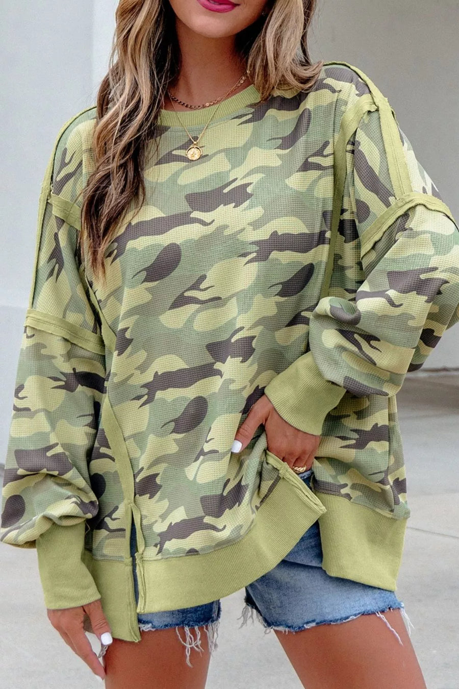 Camouflage Waffle Knit Oversized Sweatshirt option 9