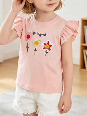 Pink cotton t-shirt with embroidered flowers and ruffle sleeves, "life is good" text.