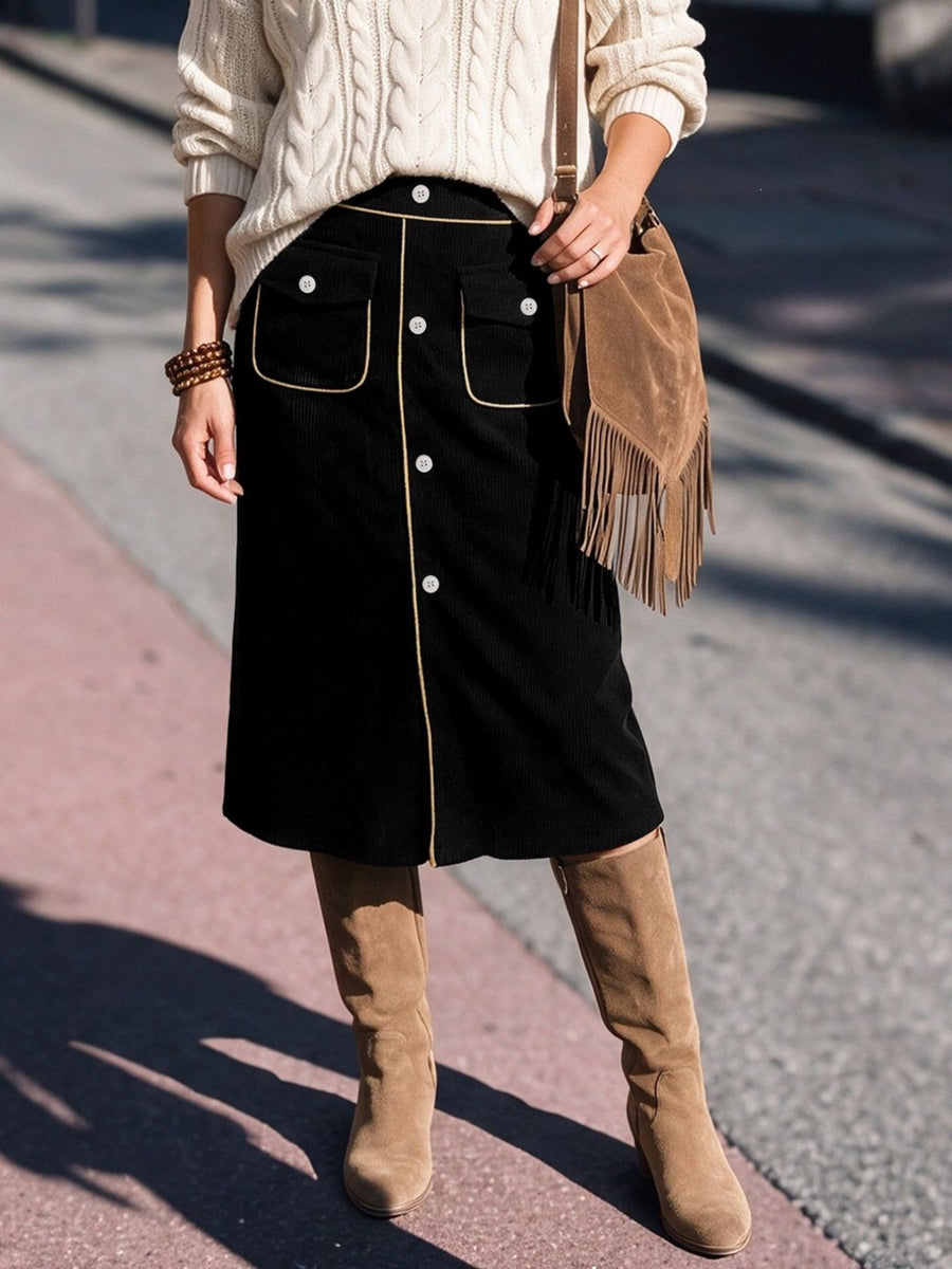 black midi skirt with midi and button-front