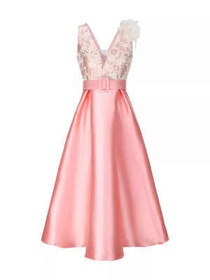 Pink midi dress with floral appliqué bodice, V-neck, belted waist, and A-line skirt.
