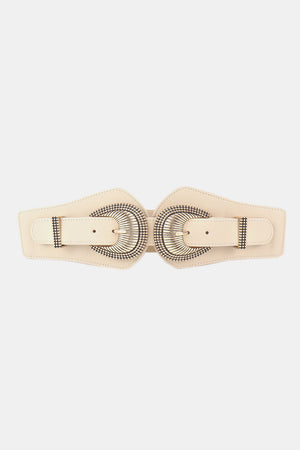Cream corset belt with double sculpted alloy buckles and beaded trim