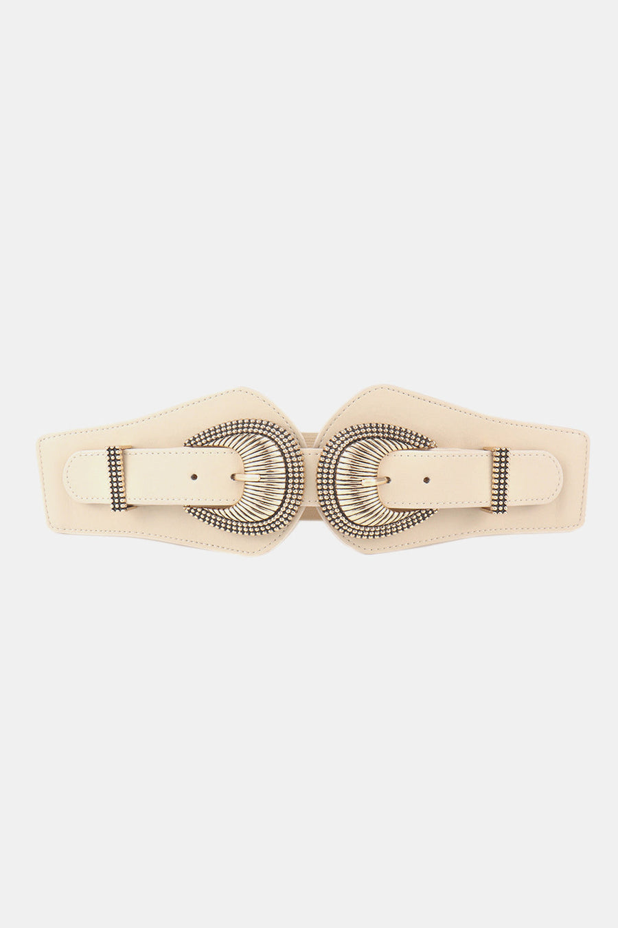 Cream corset belt with double sculpted alloy buckles and beaded trim