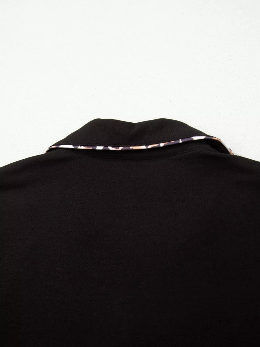 Black women's pajama top with leopard print collar trim