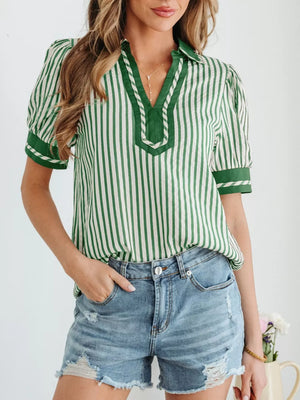 Green and white striped collared split neck blouse with bubble sleeves and contrast trim.