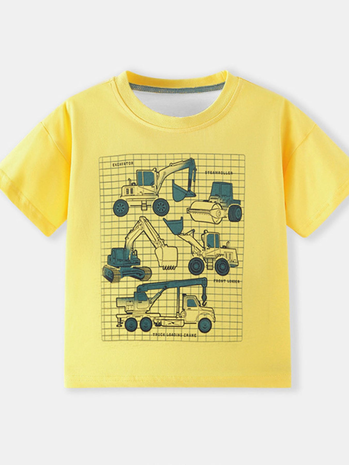 Yellow crew neck toddler t-shirt with construction vehicle graphics.