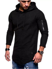 Black slim fit long-sleeve hoodie with textured fabric and zippered arm pocket.