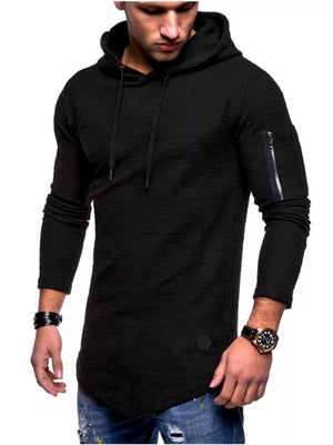 Black slim fit long-sleeve hoodie with textured fabric and zippered arm pocket.