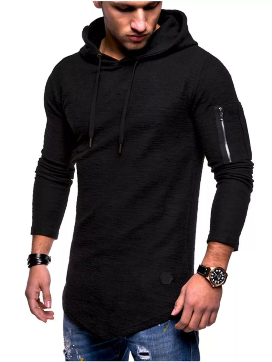 Black slim fit long-sleeve hoodie with textured fabric and zippered arm pocket.