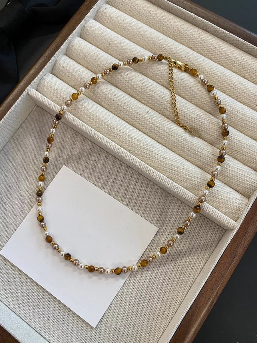 Elegant Tiger Eye Layered Necklace with pearl and gold beads