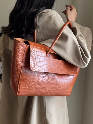 Brown with Crocodile-embossed Shoulder Bag