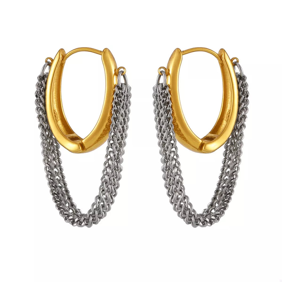 Chunky gold hoop earrings with layered silver chain fringe detail.