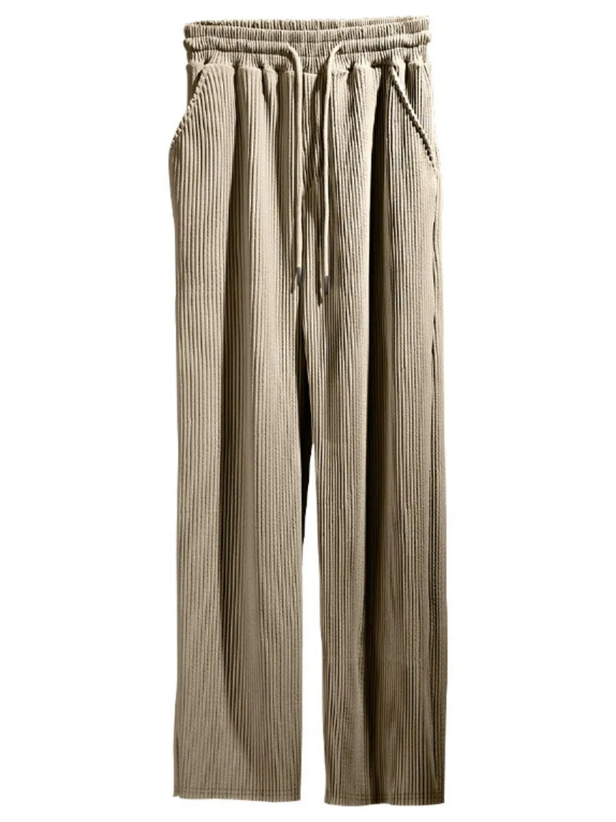 Khaki textured wide-leg drawstring lounge trousers with pockets