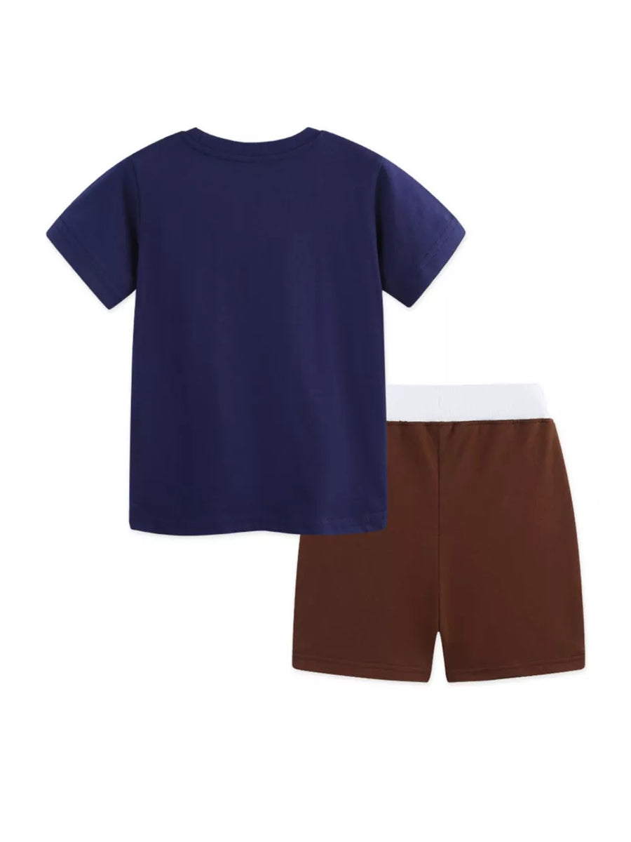 Navy cotton graphic tee and brown shorts with white waistband for baby boys.