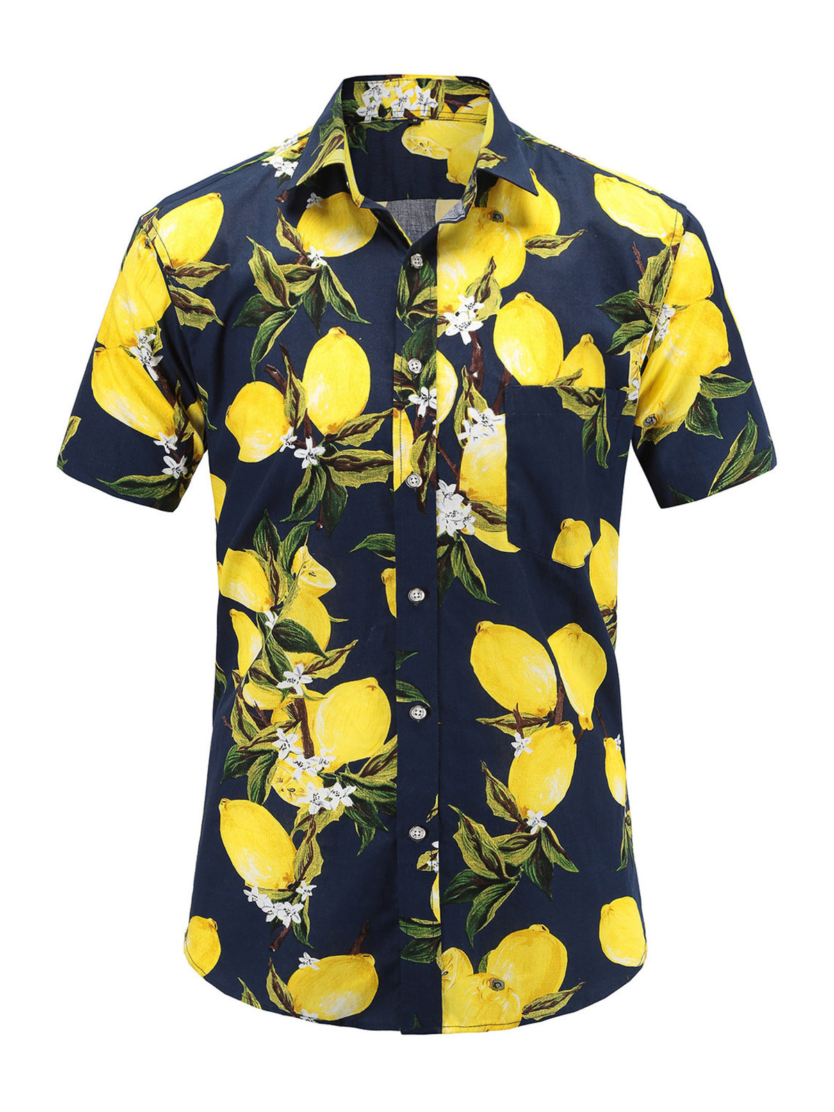 navy blue button-down shirt with lemon-print and collared