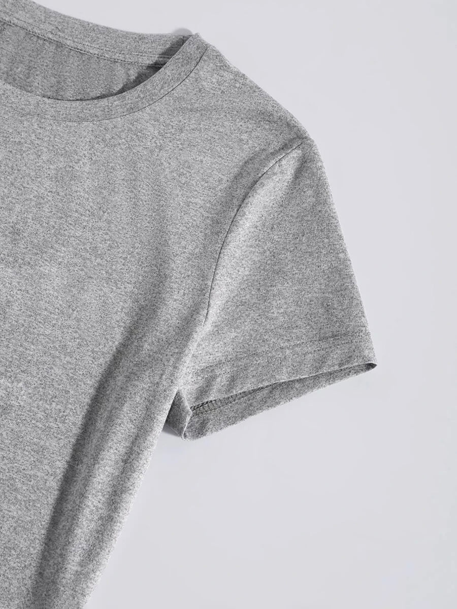 Gray crew neck t-shirt with short sleeves and a heathered texture.