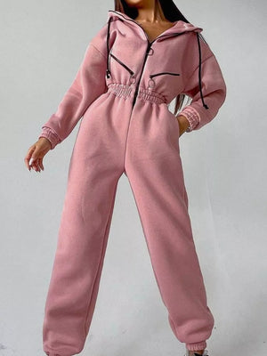 Zip Front Dropped Shoulder Jumpsuit in Blue with drawstring