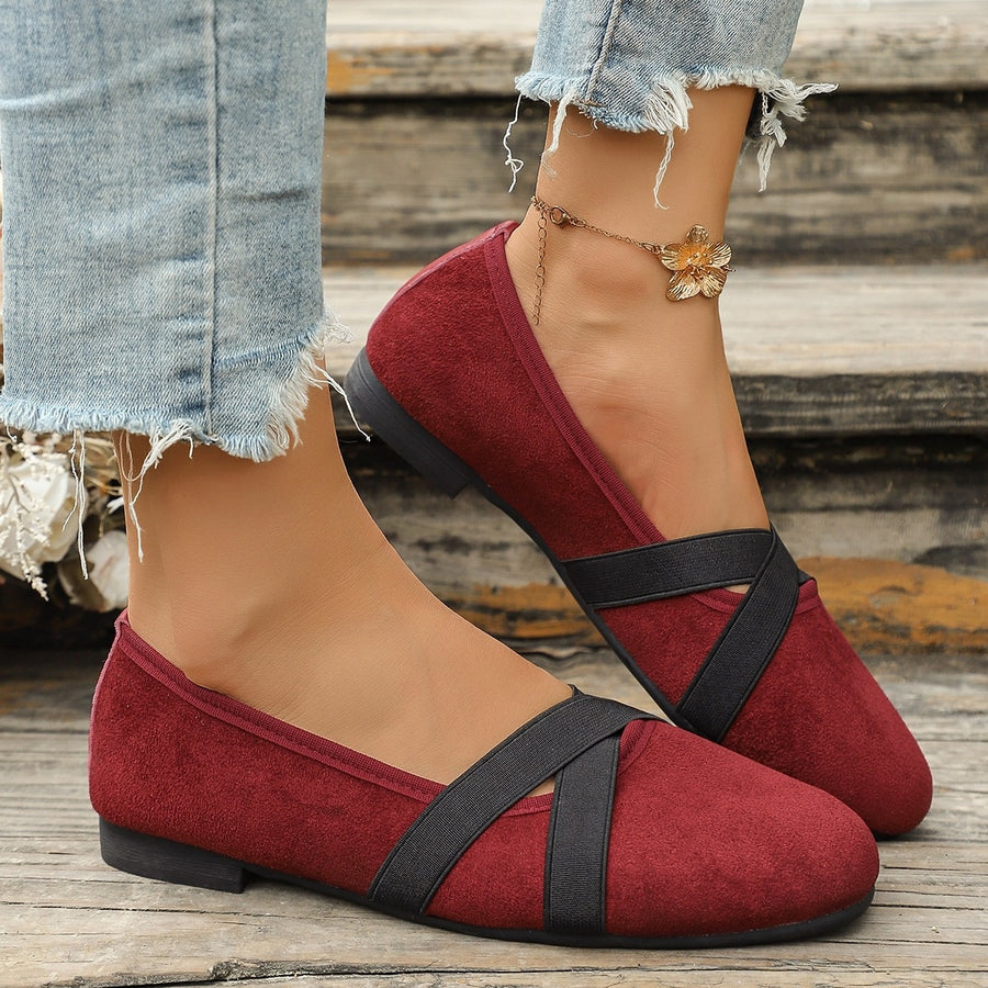 Suede Cross-Strap Slip-On Loafers in burgundy with cross-strap