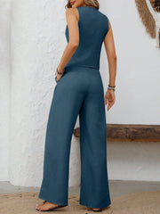 Peacock Blue linen vest and palazzo pants set with pockets, shown from the back.