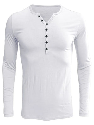 White long sleeve henley tee with black button placket