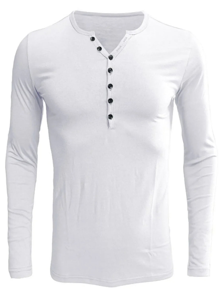 White long sleeve henley tee with black button placket