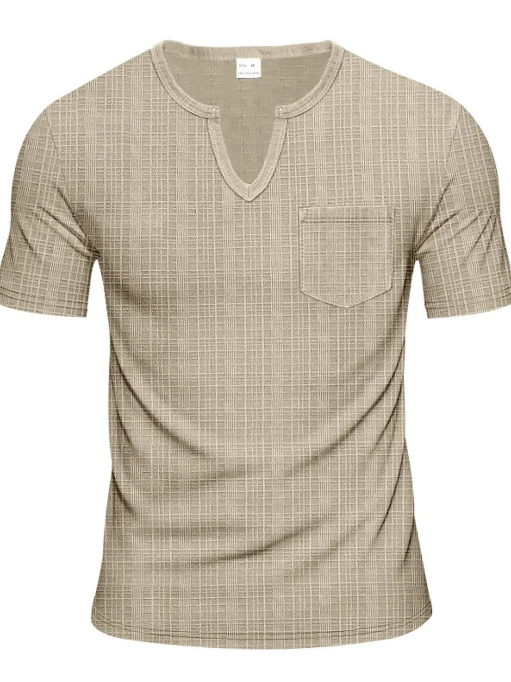 Khaki textured notch neck tee with short sleeves and a chest pocket.