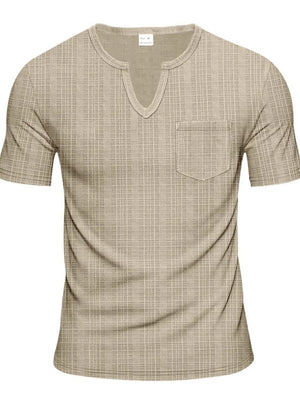 Khaki textured notch neck tee with short sleeves and a chest pocket.