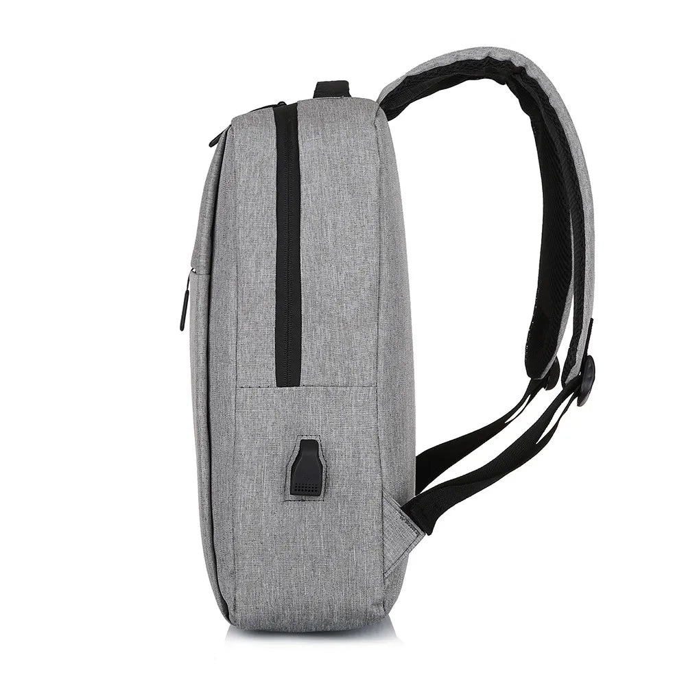 Light gray textured canvas backpack with USB port and black straps.