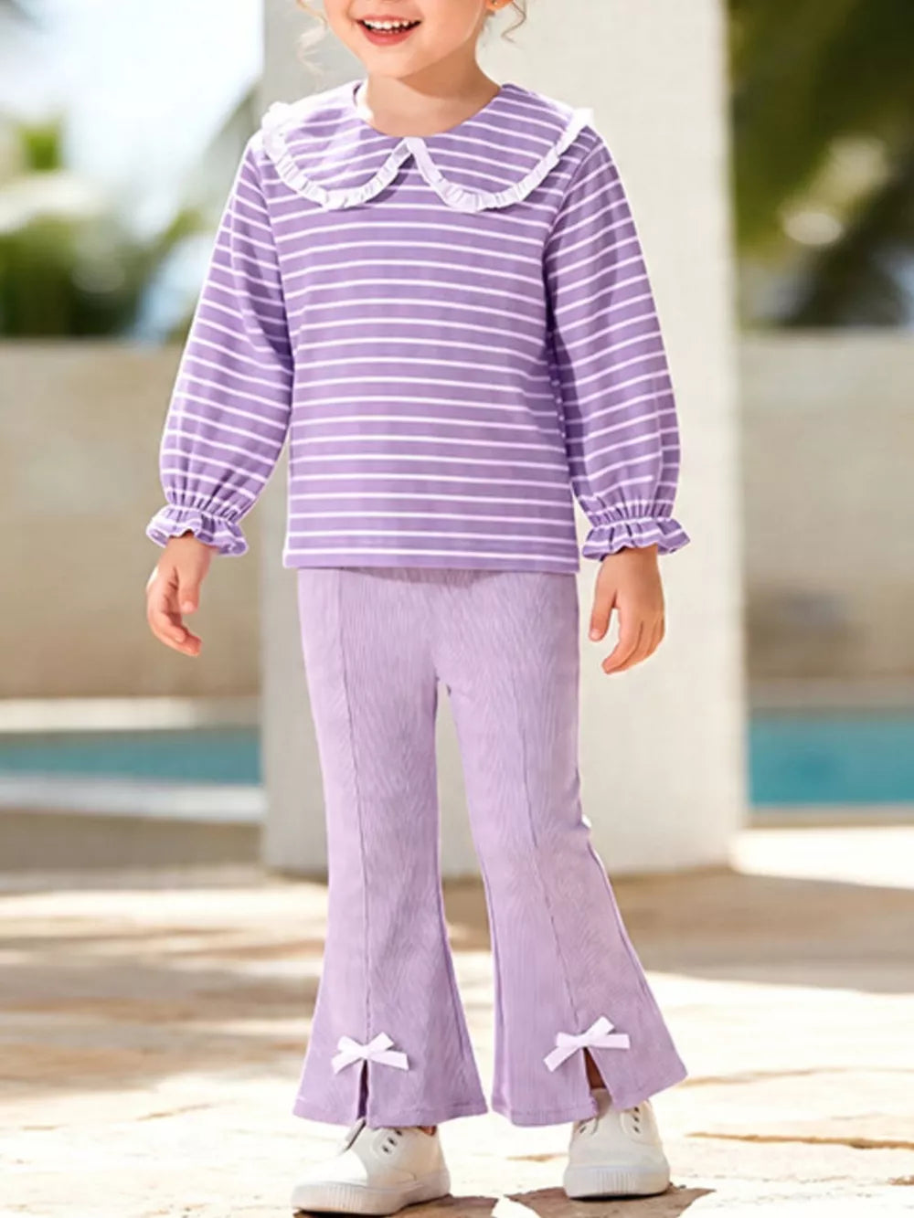 lavender two-piece set with striped and peter pan collar