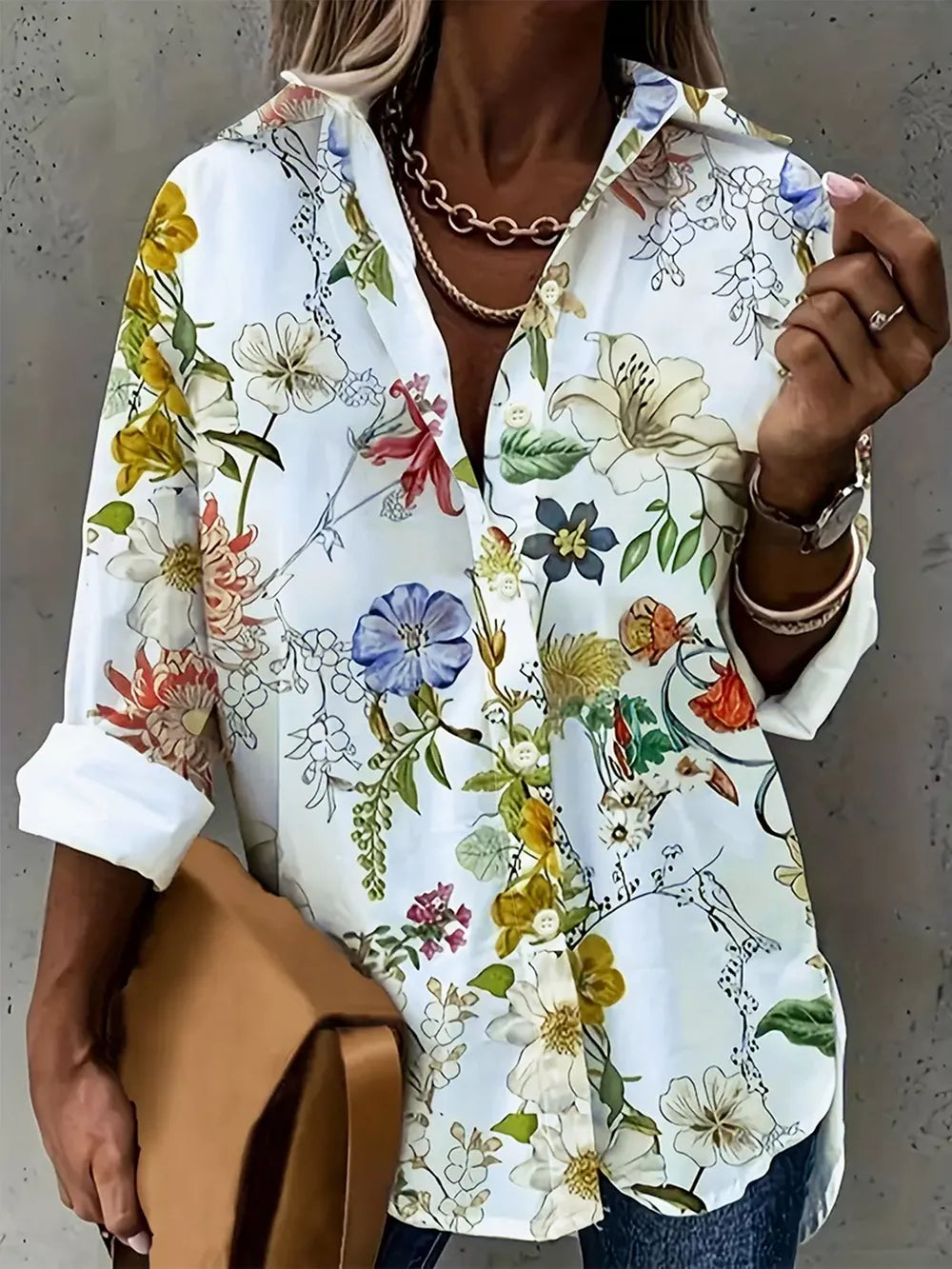 White Floral Print Button-down Shirt