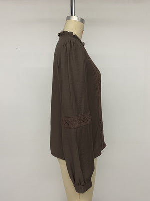 Eyelet Lace Trim Long Sleeve Blouse in Coffee Brown with buttoned