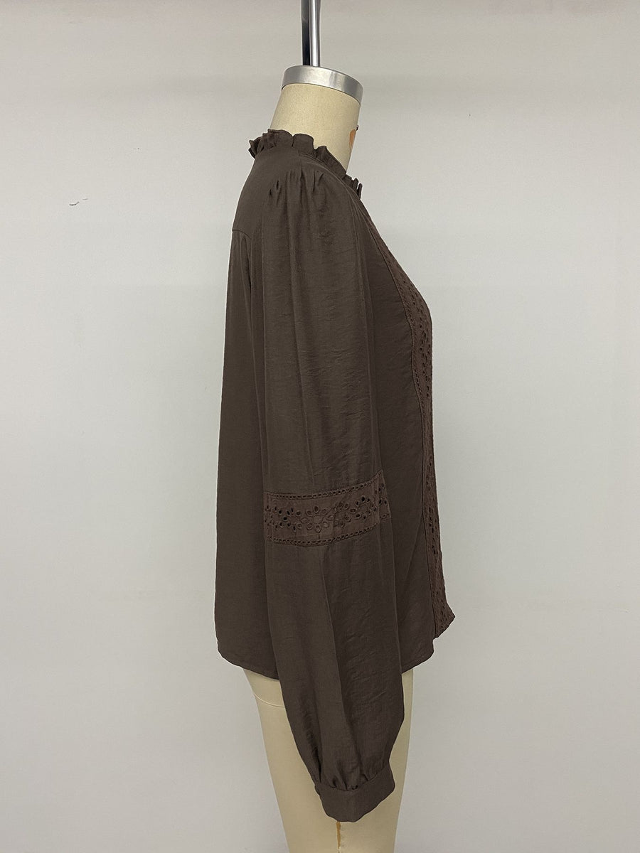 Eyelet Lace Trim Long Sleeve Blouse in Coffee Brown with buttoned