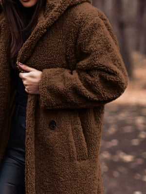 Brown teddy bear longline hooded coat with button detail and pockets