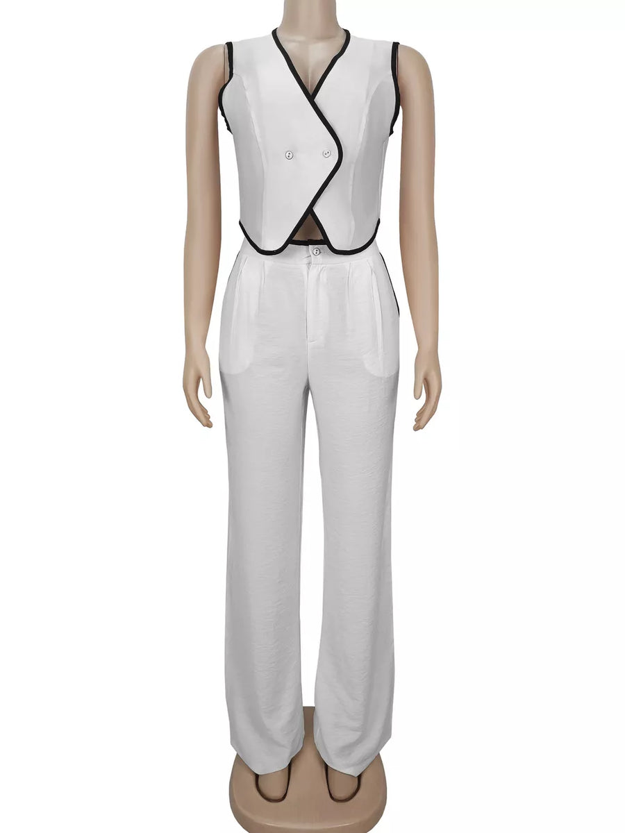 Khaki two-piece set with contrast stitching and sleeveless