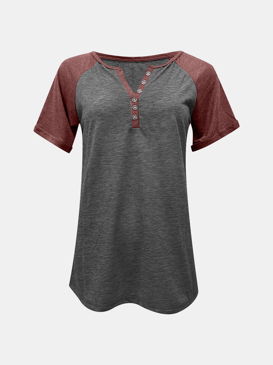 Raglan sleeve henley tee in gray with burgundy sleeves and button detail