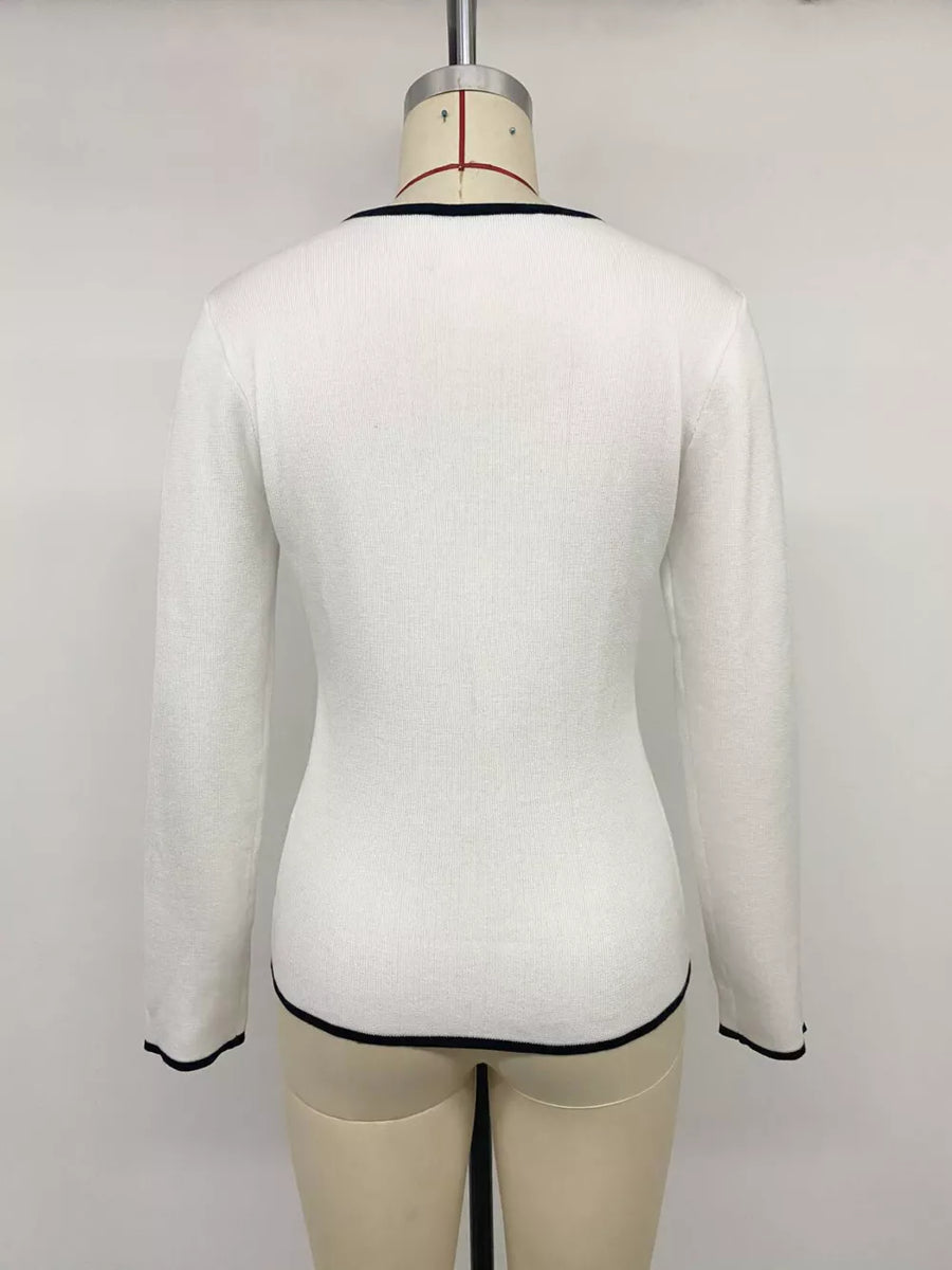 Contrast Trim Button Decor Knit Top in White, view 13