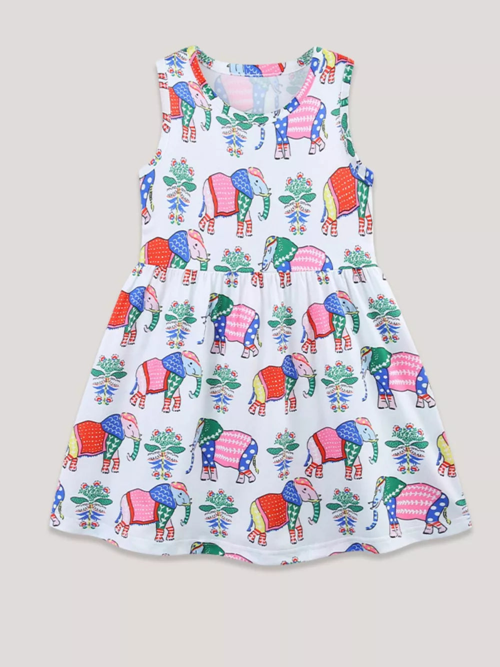 White sleeveless toddler dress with colorful elephant print and floral accents.