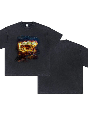 Black oversized graphic tee with vintage circus print