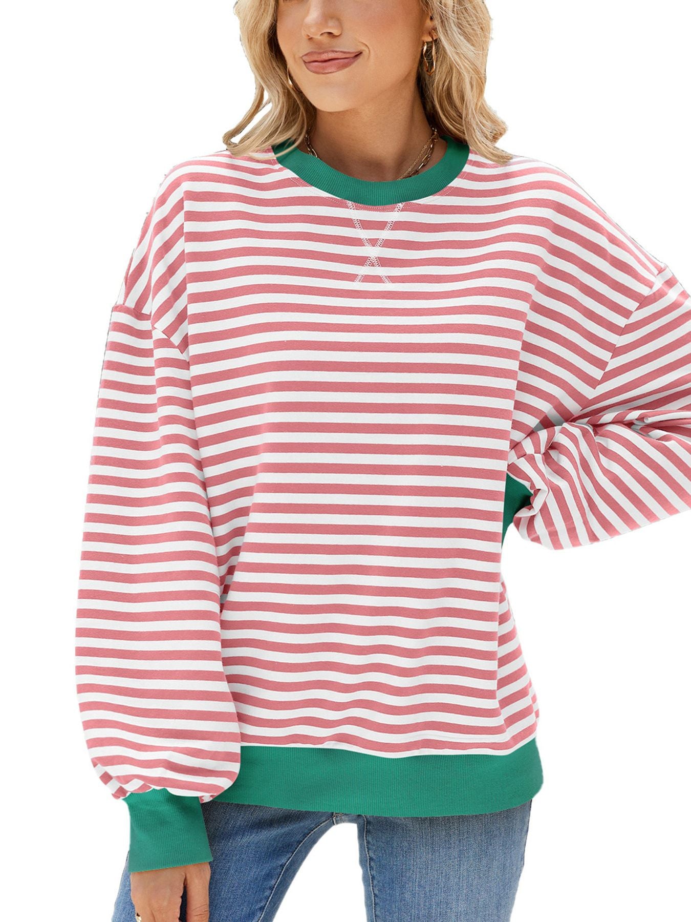 Striped crew neck sweatshirt with green collar and cuffs, in coral and white stripes.