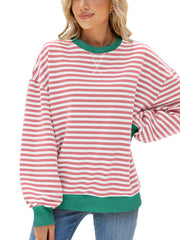 Striped crew neck sweatshirt with green collar and cuffs, in coral and white stripes.