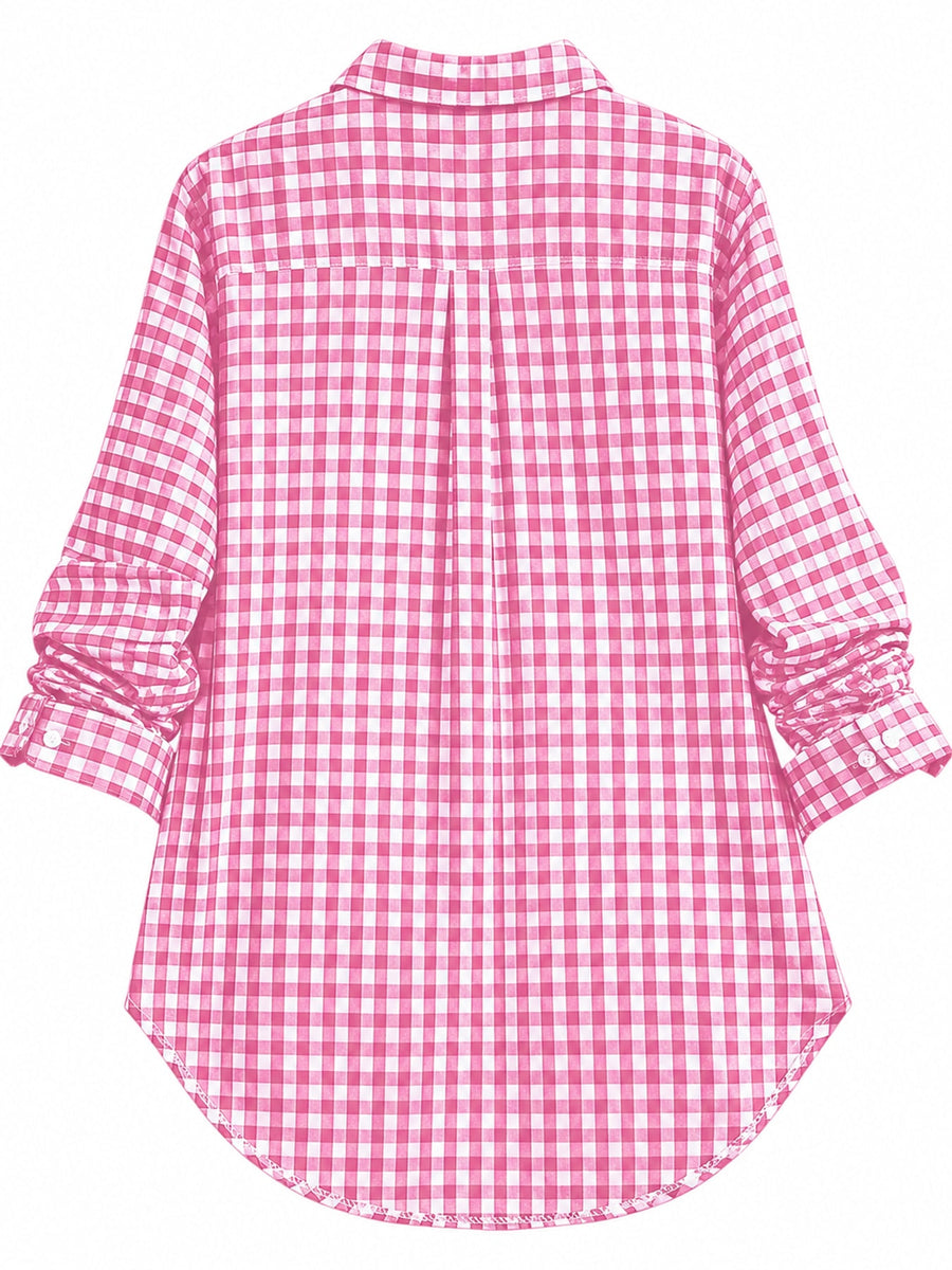 Plus Size Plaid Button-Down Shirt in Grey with pocketed