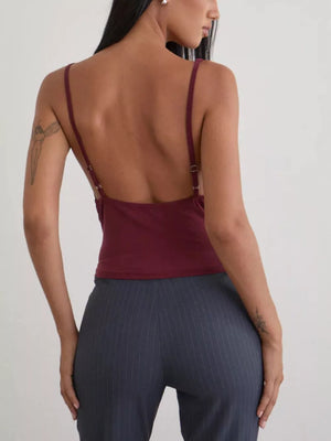 Burgundy sequin ruched cowl neck tank top with adjustable straps.