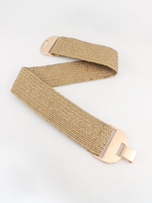 Khaki textured raffia belt with gold-tone buckle detail