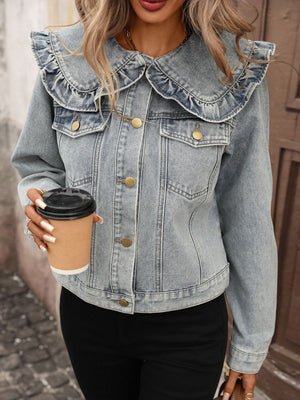 light blue denim jacket with ruffled and long sleeve