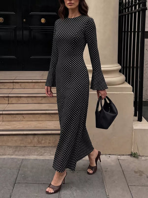 white maxi dress featuring ruffled and polka dot