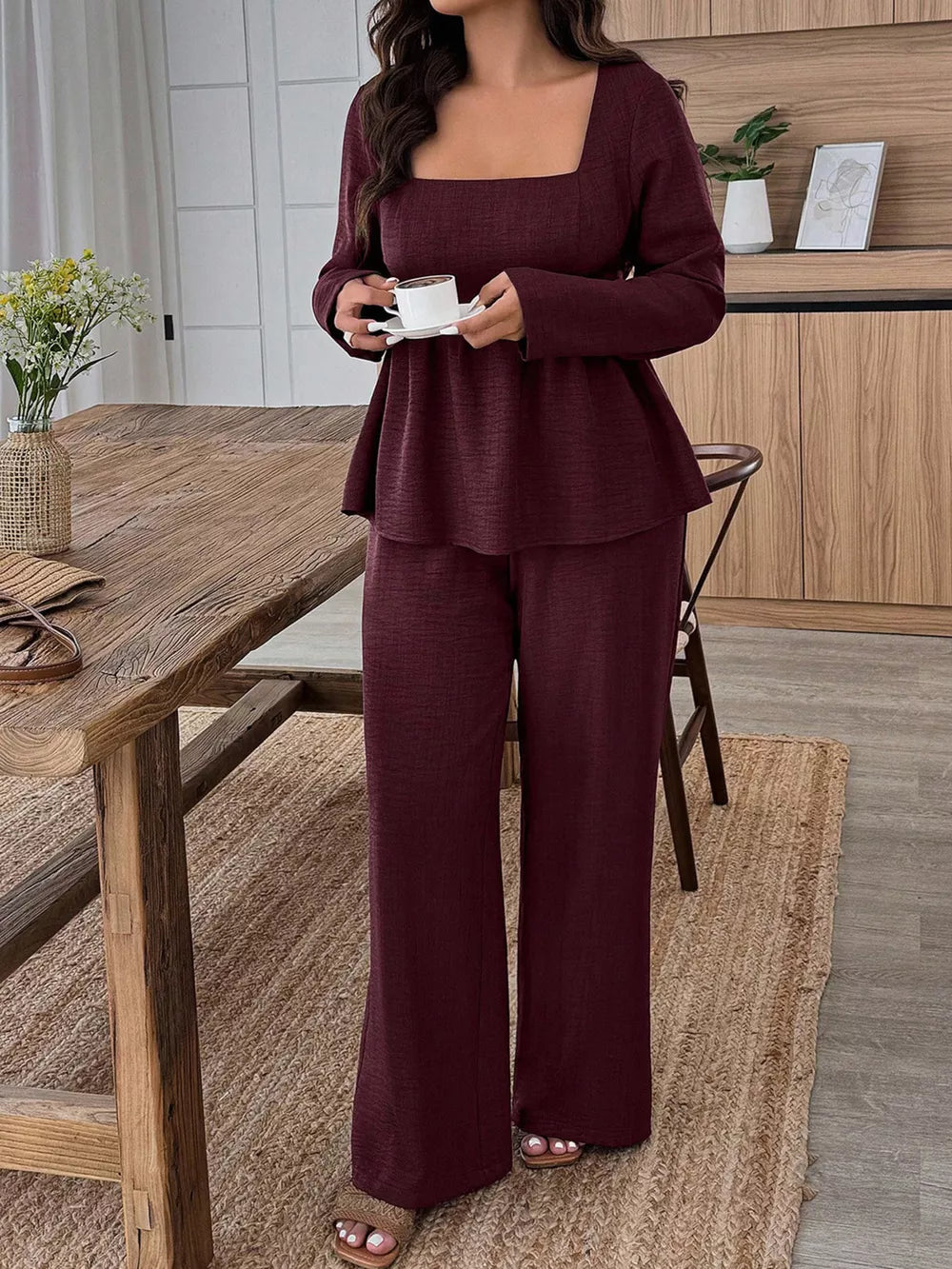 Elegant ruched wine red two-piece set with square neck top and wide-leg pants